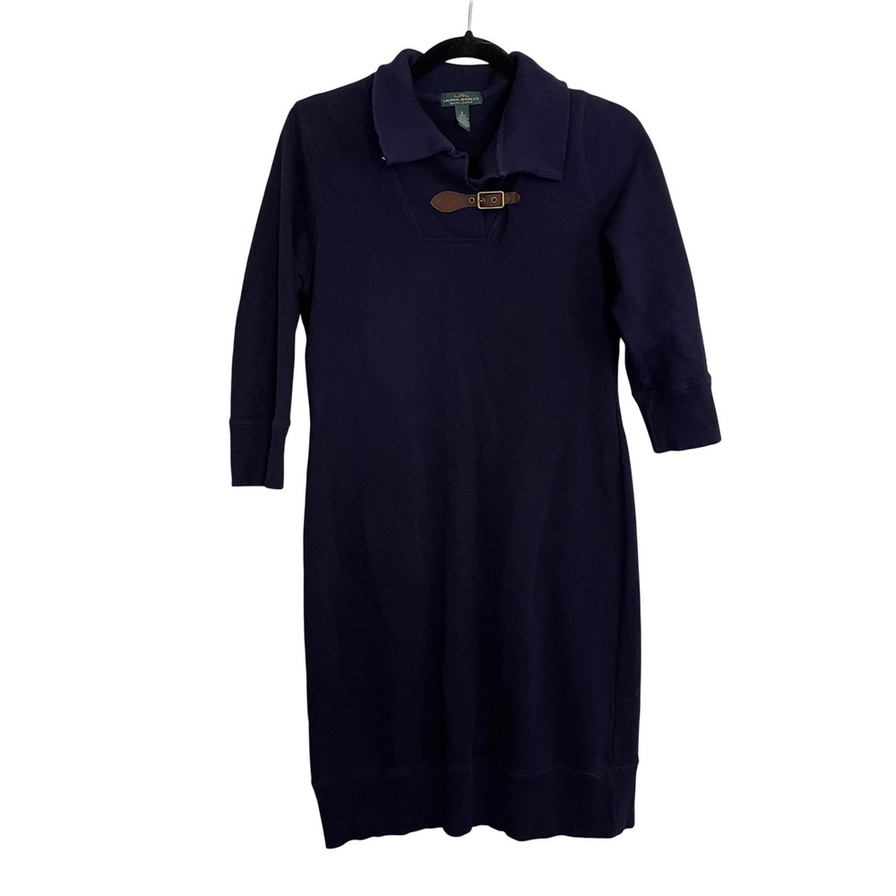 Lauren Ralph Lauren Navy Blue Buckle Collar Sweatshirt Dress 3/4‎ Sleeve Small